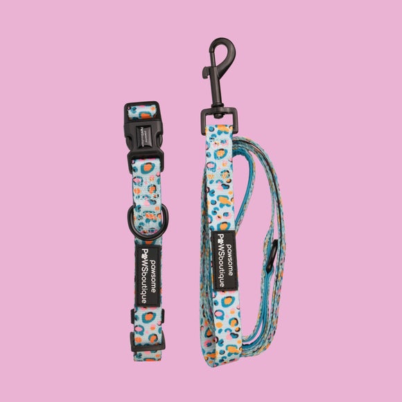 Pawsome Paws Boutique Blue Leopard Dog Collar and Lead Set