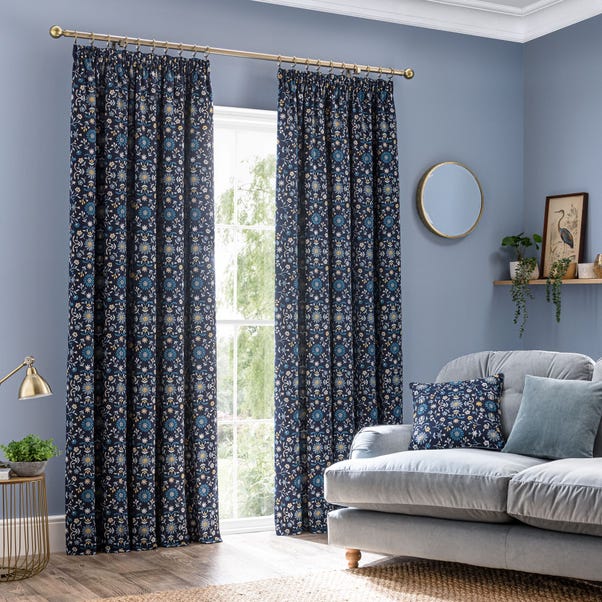 Folk Floral Navy Pencil Pleat Curtains image 1 of 7