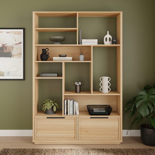 Hardy Wide Bookcase with 2 Drawers, Oak Effect image 1 of 7