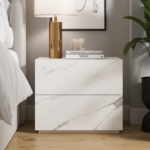 Viola 2 Drawer Bedside Table, White Marble Effect image 1 of 7