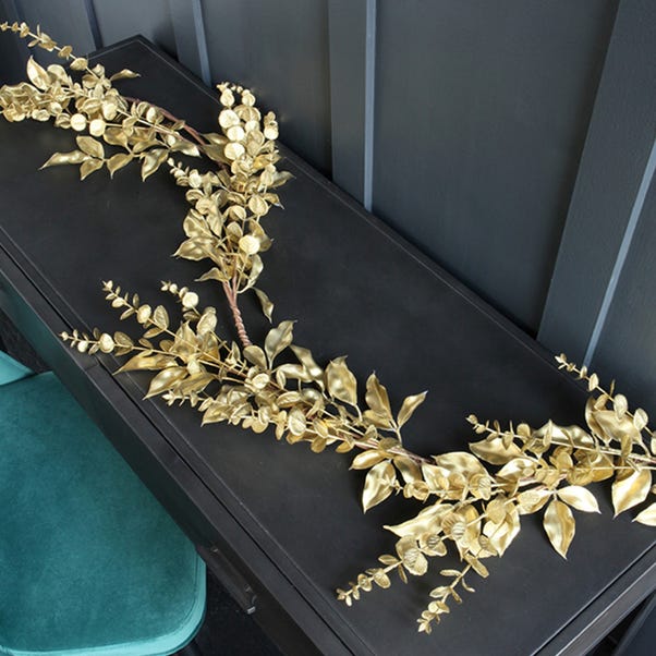 Artificial Metallic Gold Leaf & Eucalyptus Garland image 1 of 4