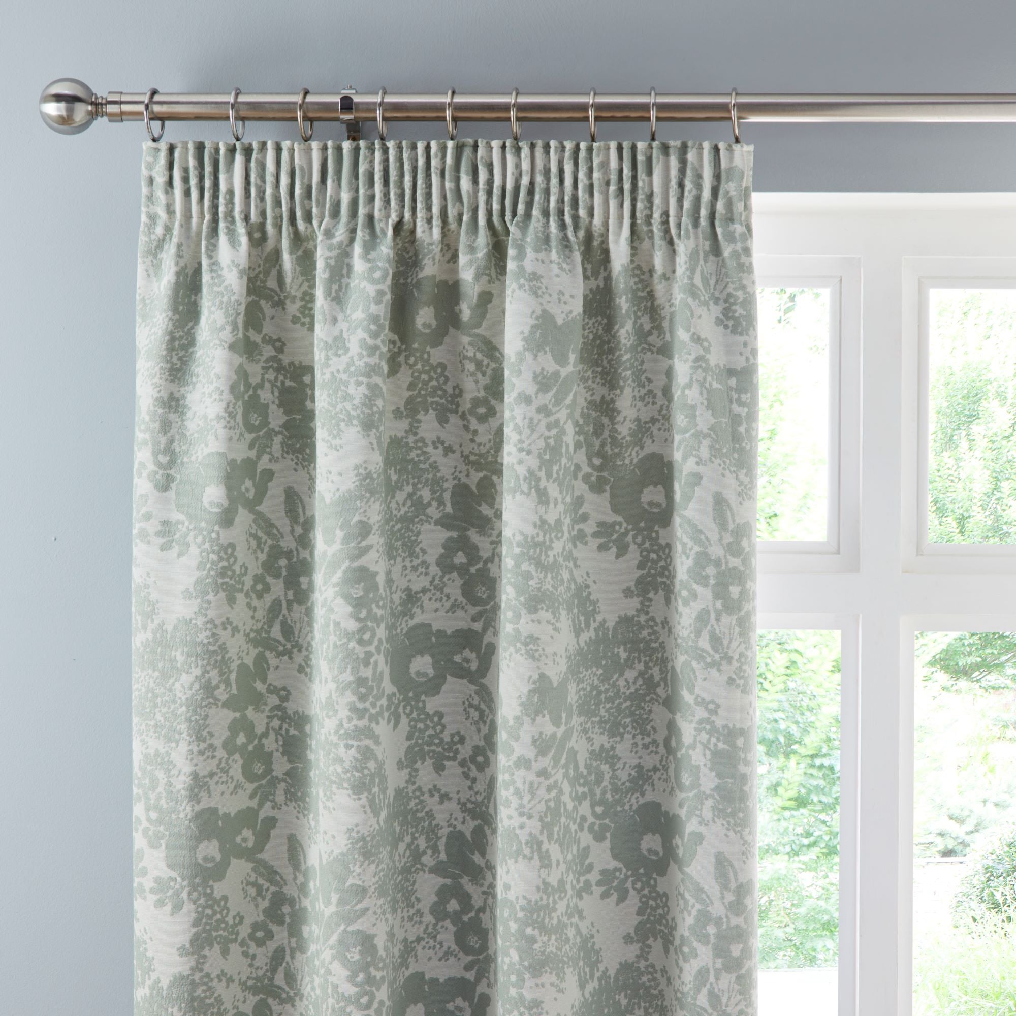 Sofia Floral Sage Green Pencil Pleat Curtain Sage Green