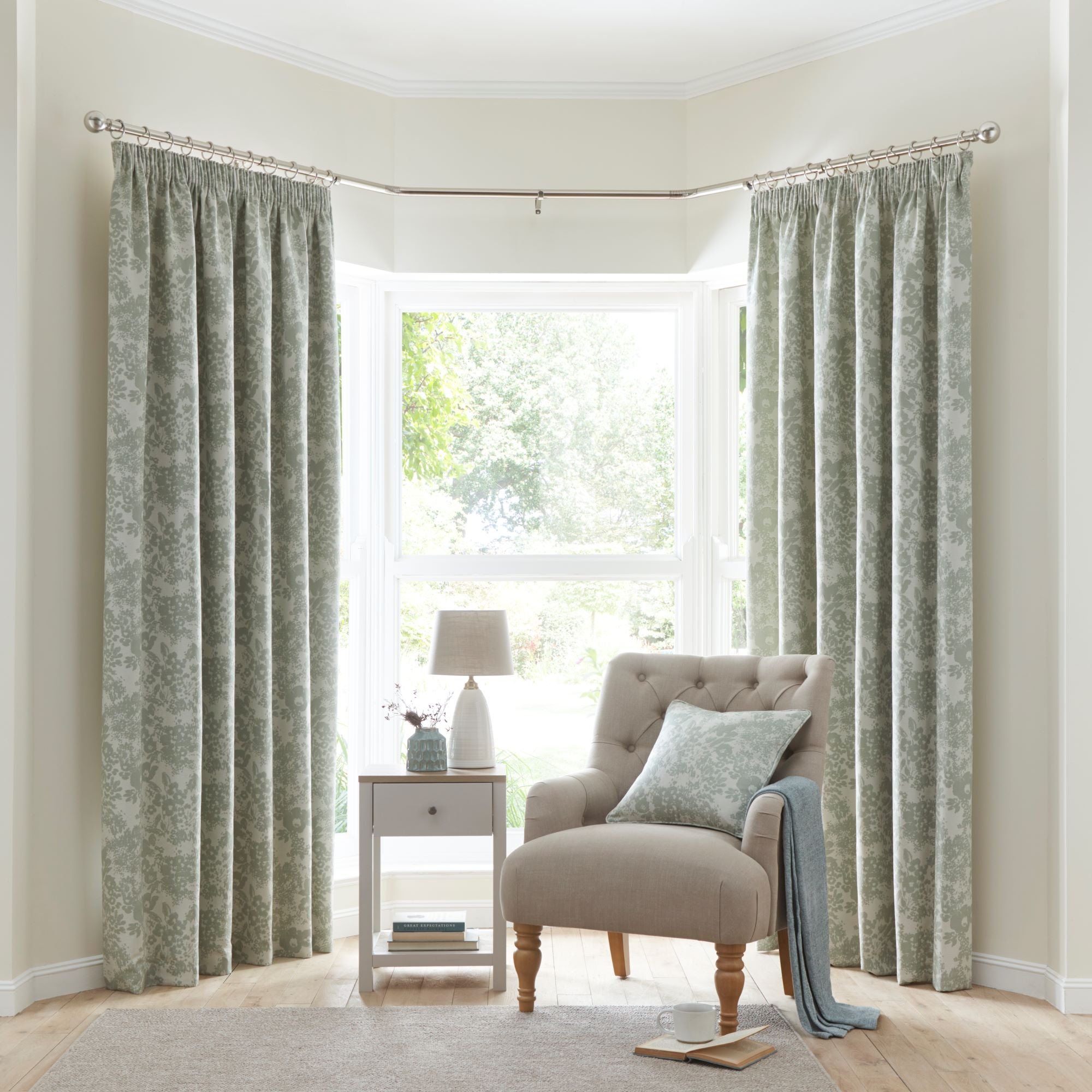 Sofia Floral Sage Green Pencil Pleat Curtain | Dunelm