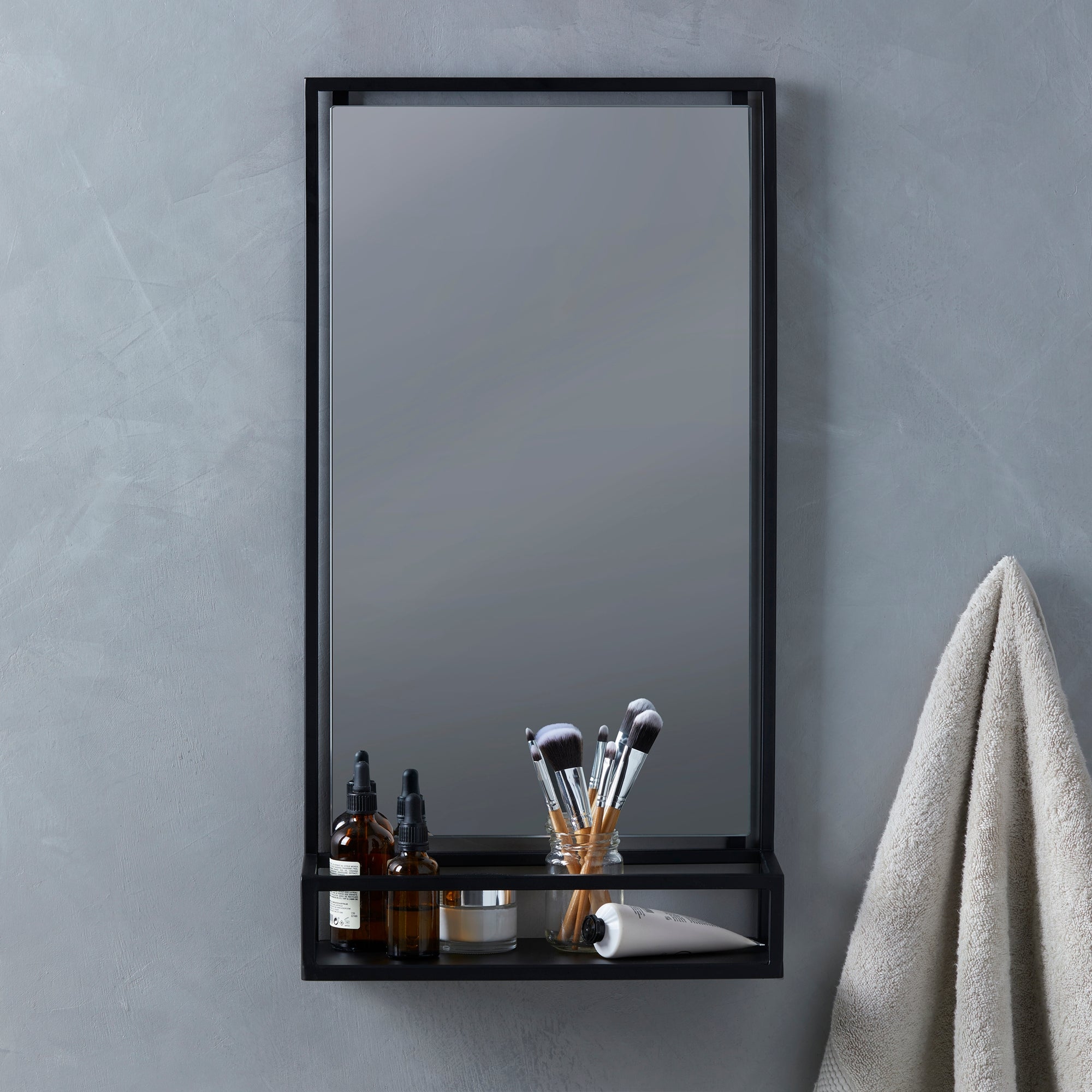 London Rectangle Wall Mirror With Shelf Matt Black