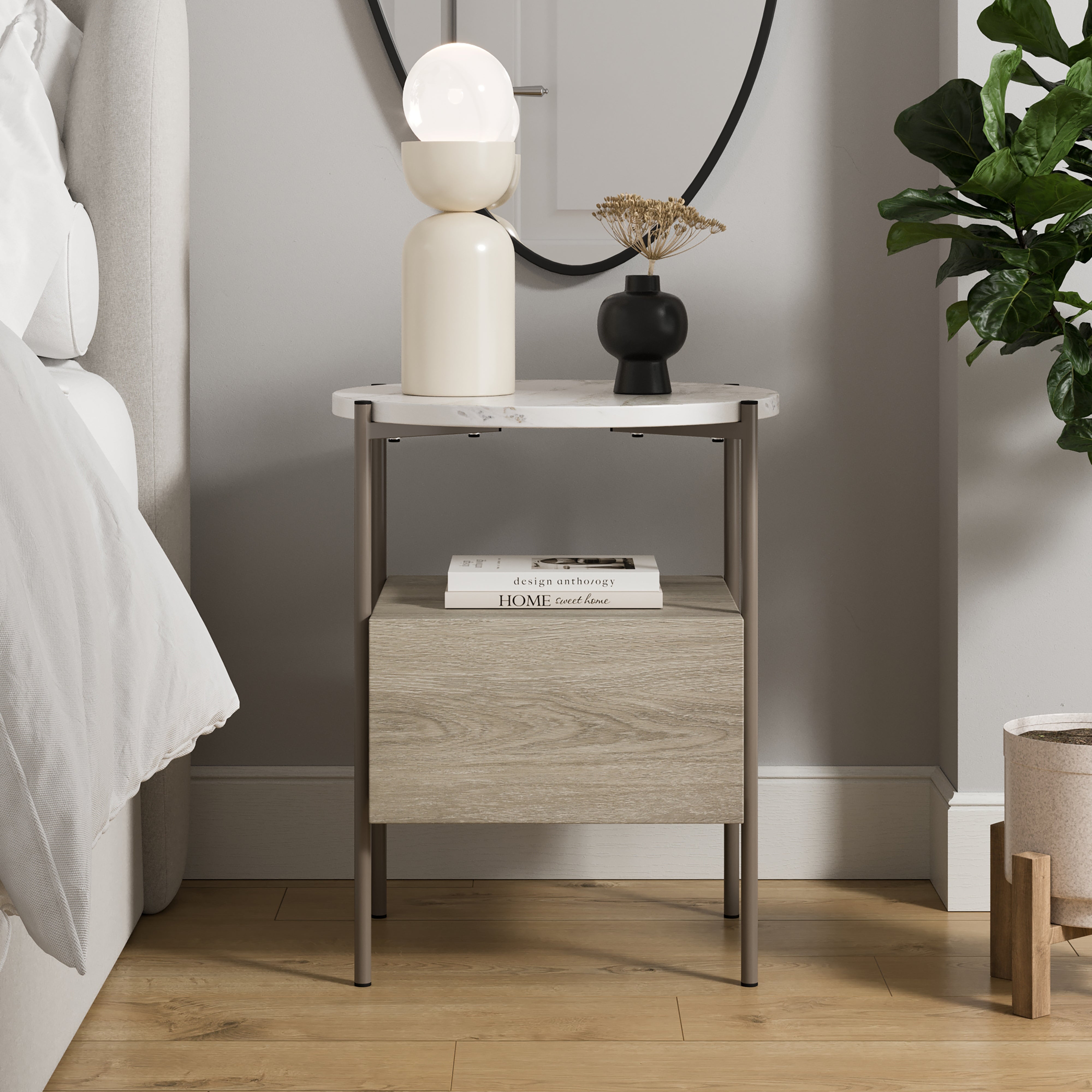 Elody 1 Drawer Bedside Table White Marble