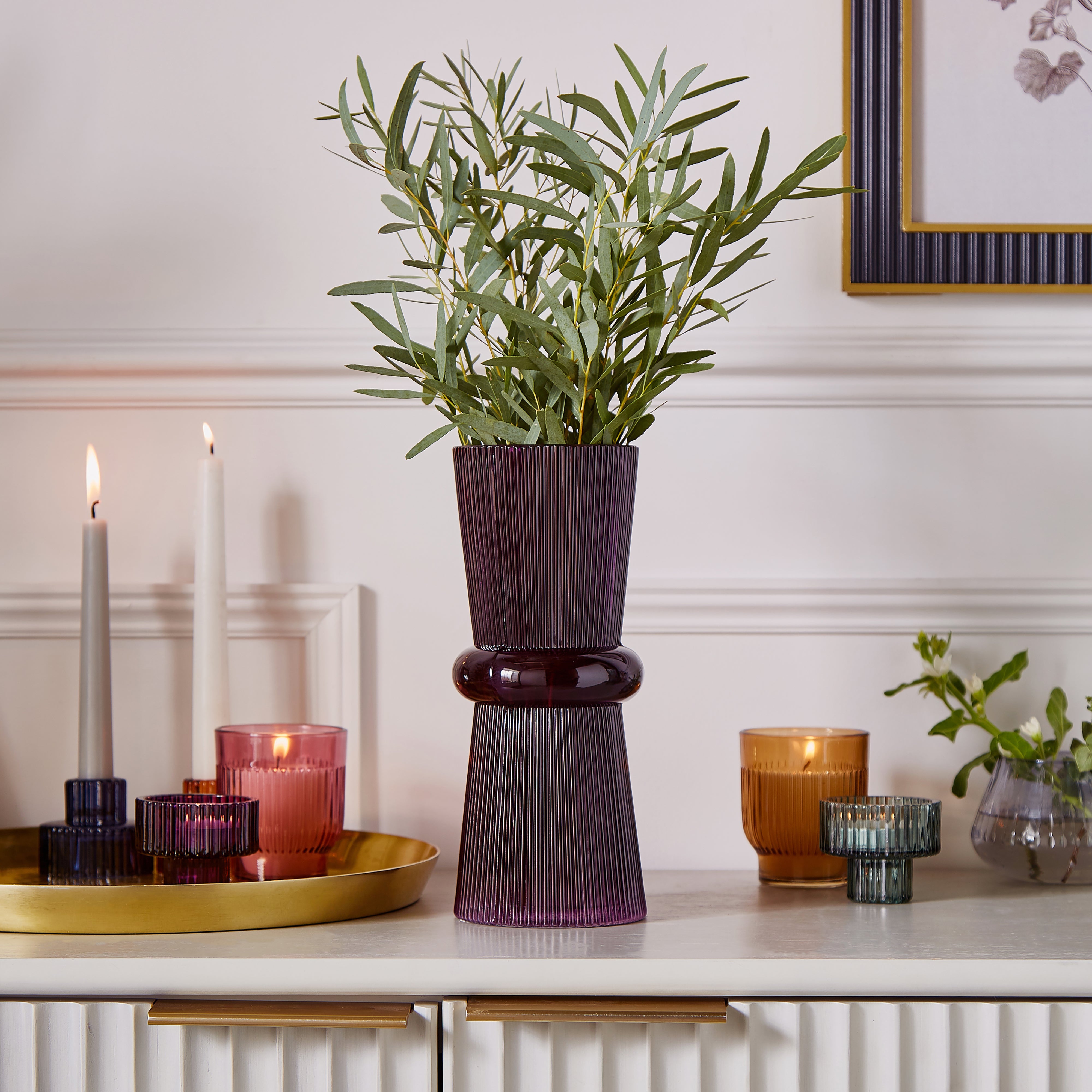 Tall Ribbed Glass Vase Plum Purple