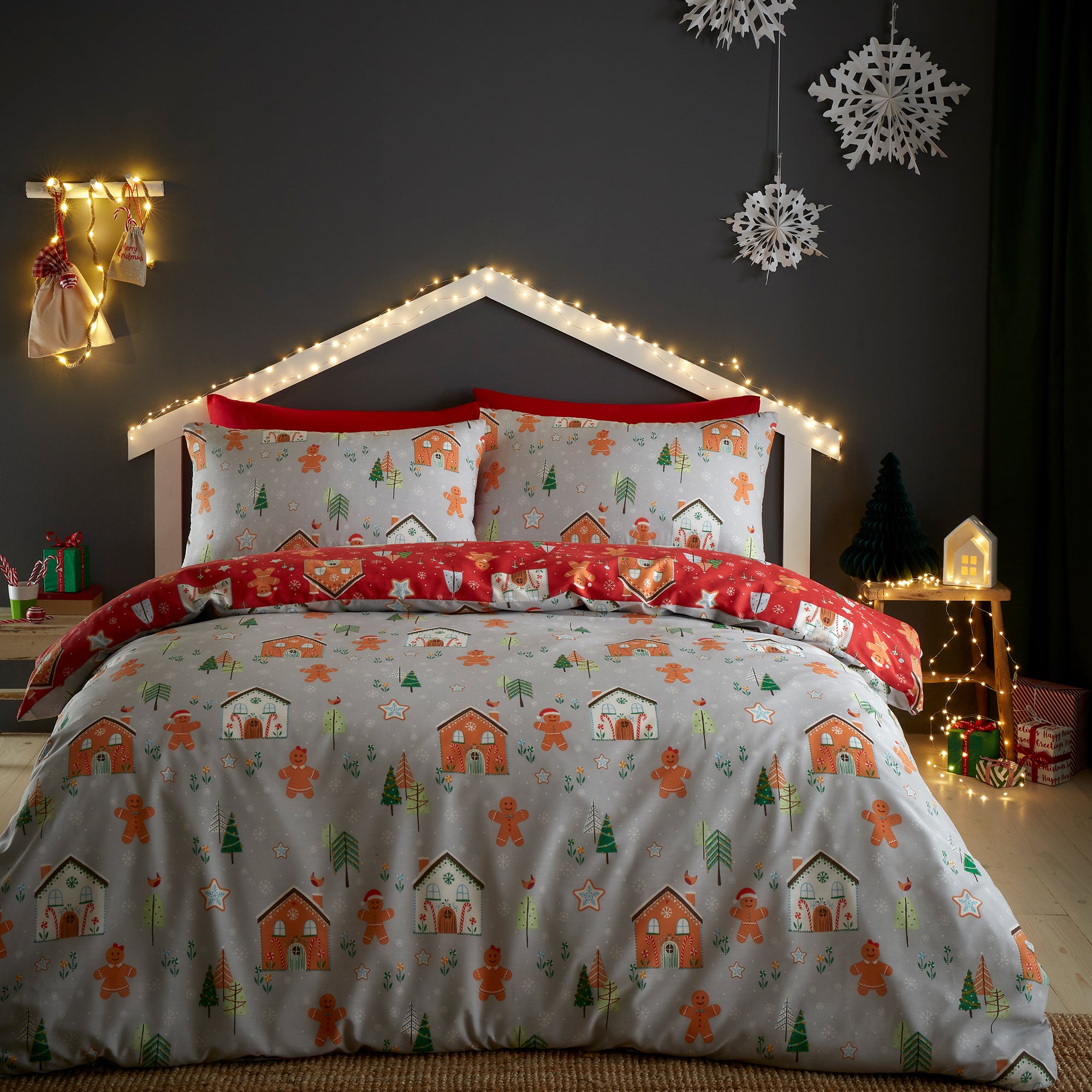 Bedlam Gingerbread House Duvet Cover Pillowcase Set Grey