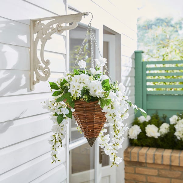 Artificial White Floral Brown Rattan Hanging Basket image 1 of 2