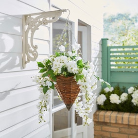 Artificial White Floral Brown Rattan Hanging Basket