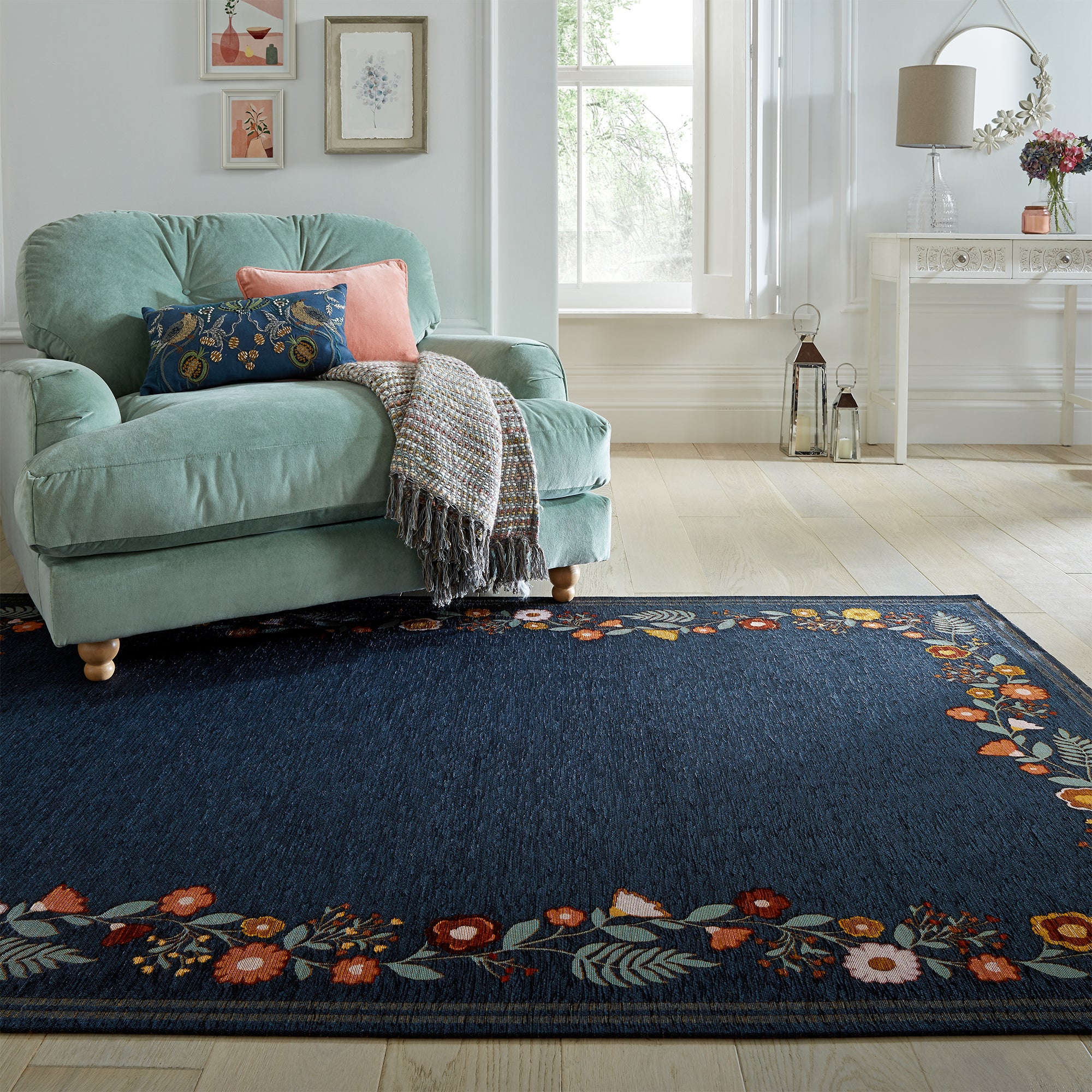 Camellia Floral Border Rug Bluegreenorange