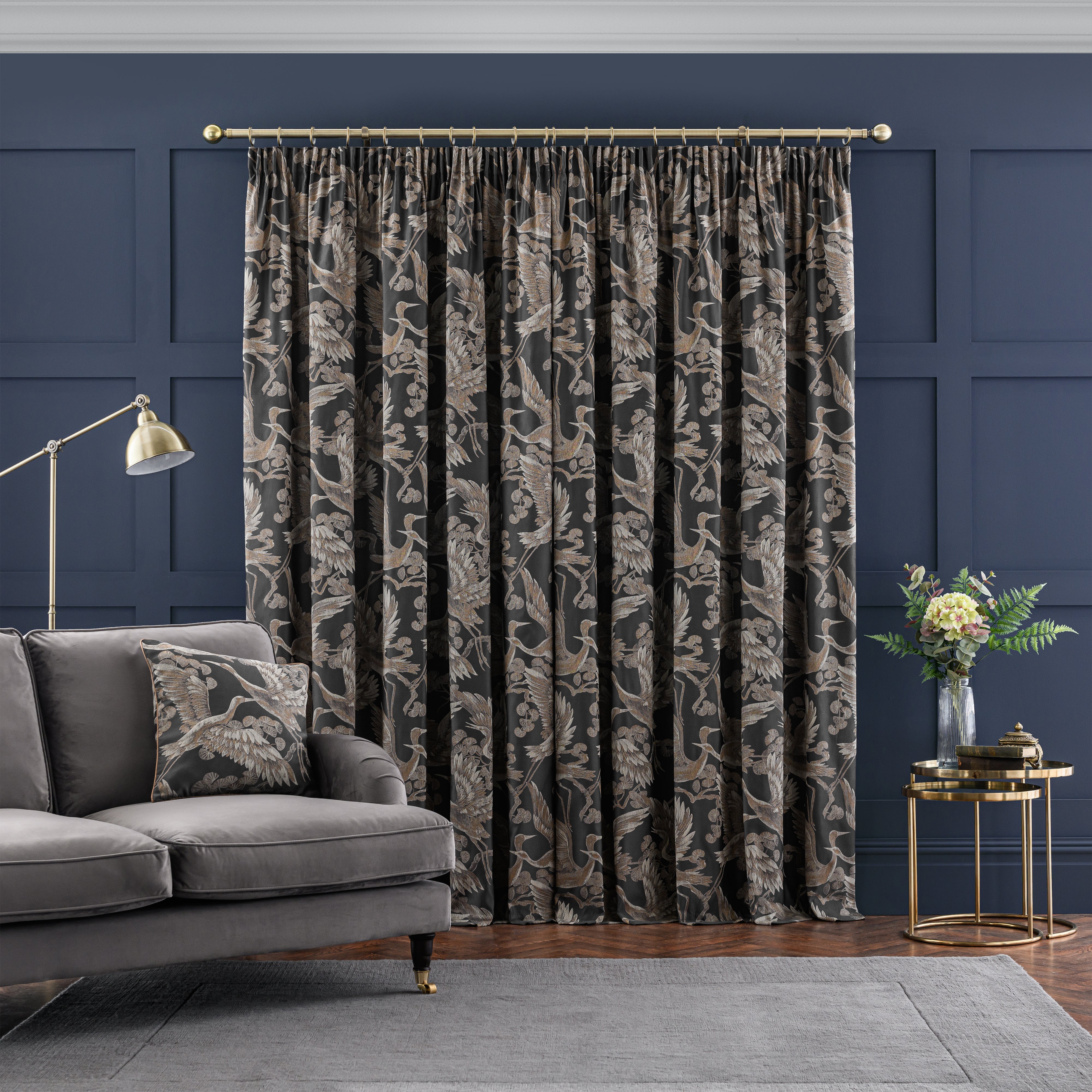 Dorma Gilded Crane Grey Pencil Pleat Curtains | Dunelm