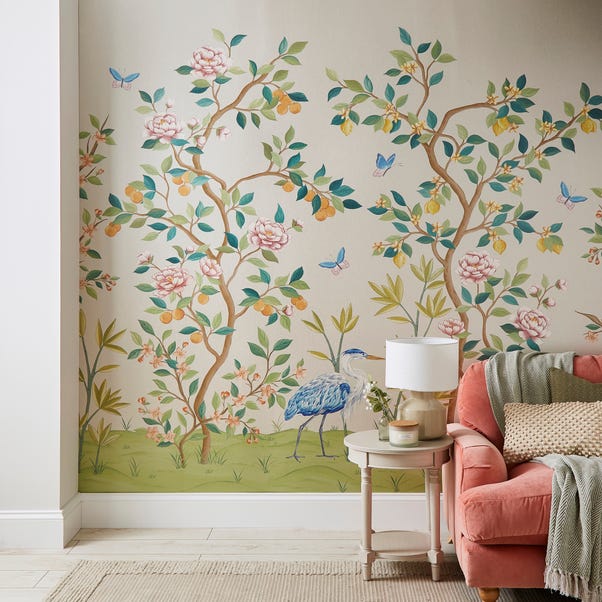 Cranberry and Laine Chinoiserie Champagne Floral Mural image 1 of 4