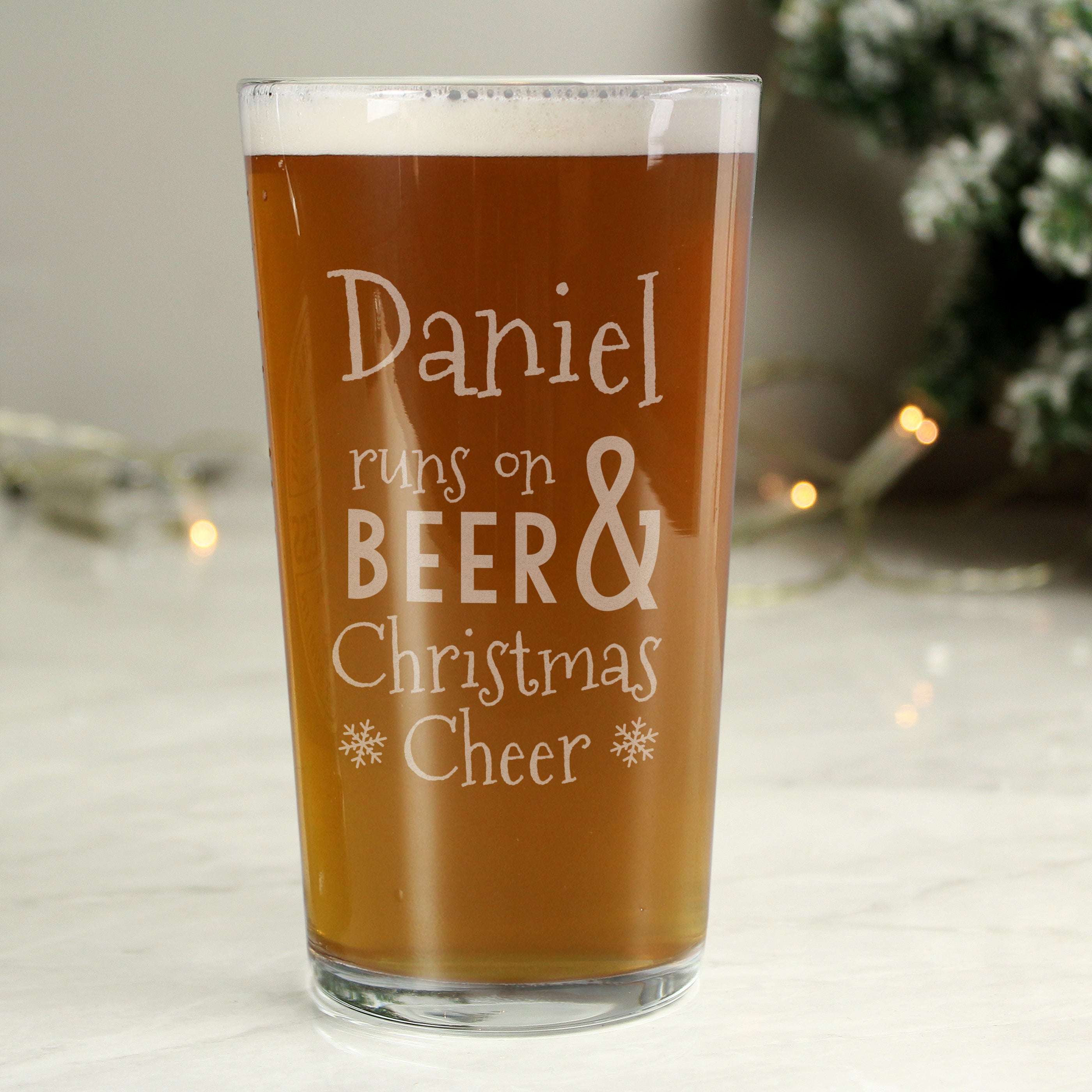 Personalised Runs On Beer Christmas Cheer Pint Glass Clear