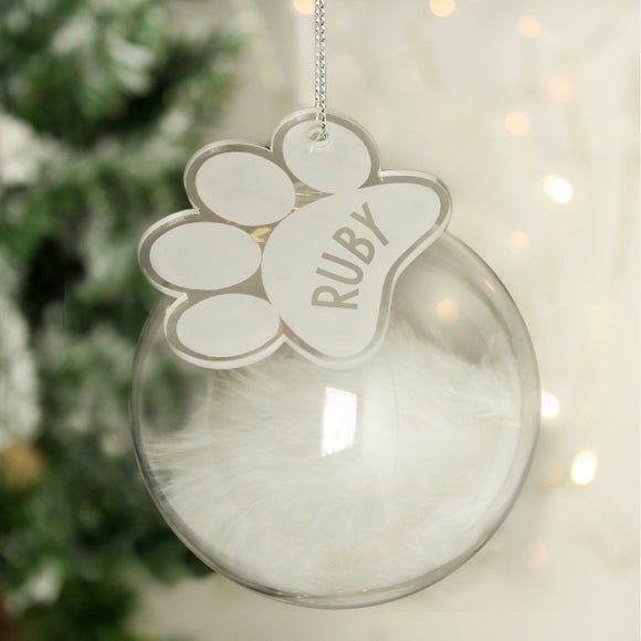 View Personalised Feather Glass Bauble With Paw Print Tag View Personalised Feather Glass Bauble With Paw Print Tag