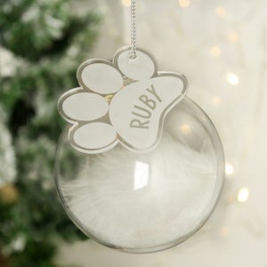 Personalised Feather Glass Bauble With Paw Print Tag
