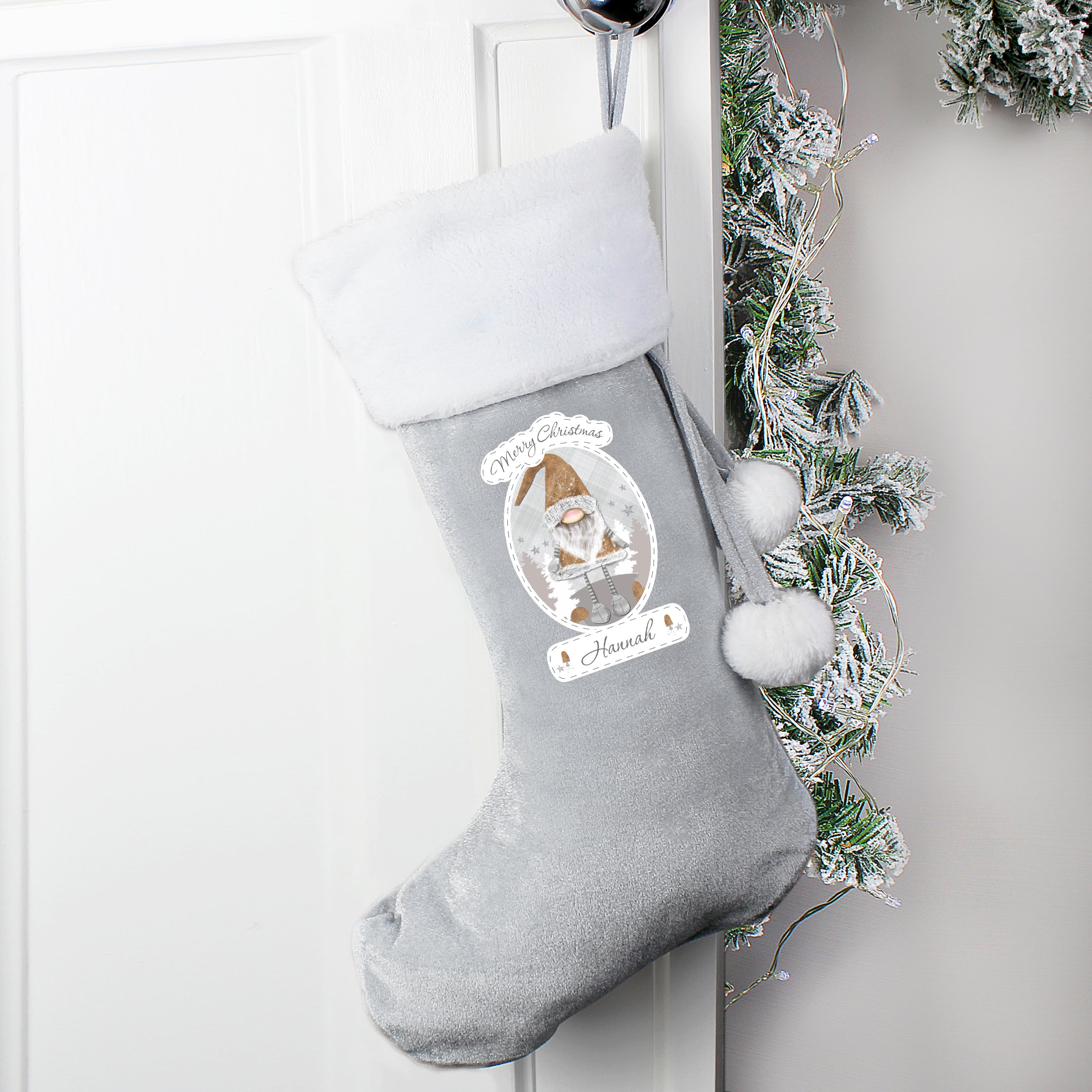 Personalised Christmas Gnome Silver Stocking