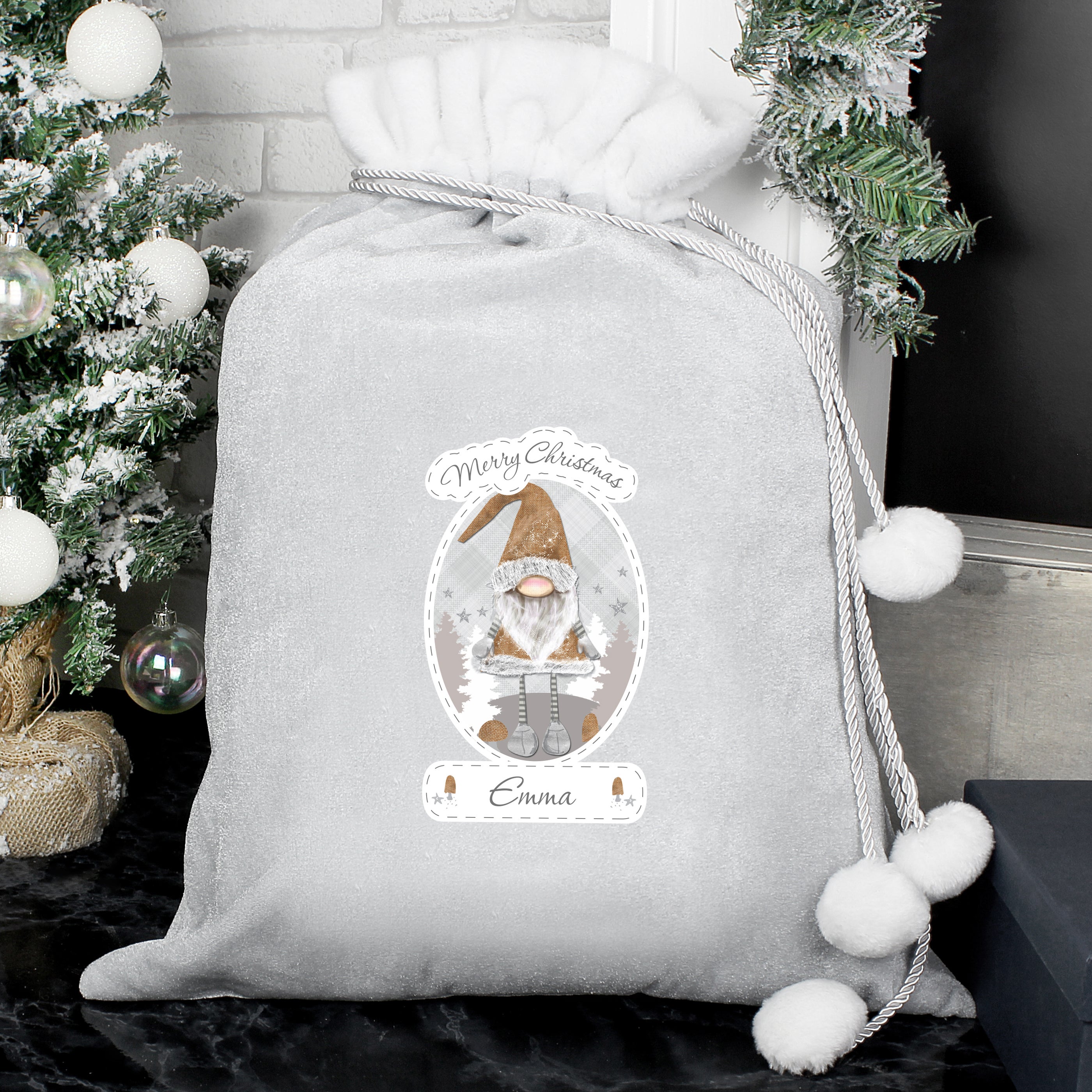 Personalised Christmas Gnome Luxury Silver Pom Pom Sack