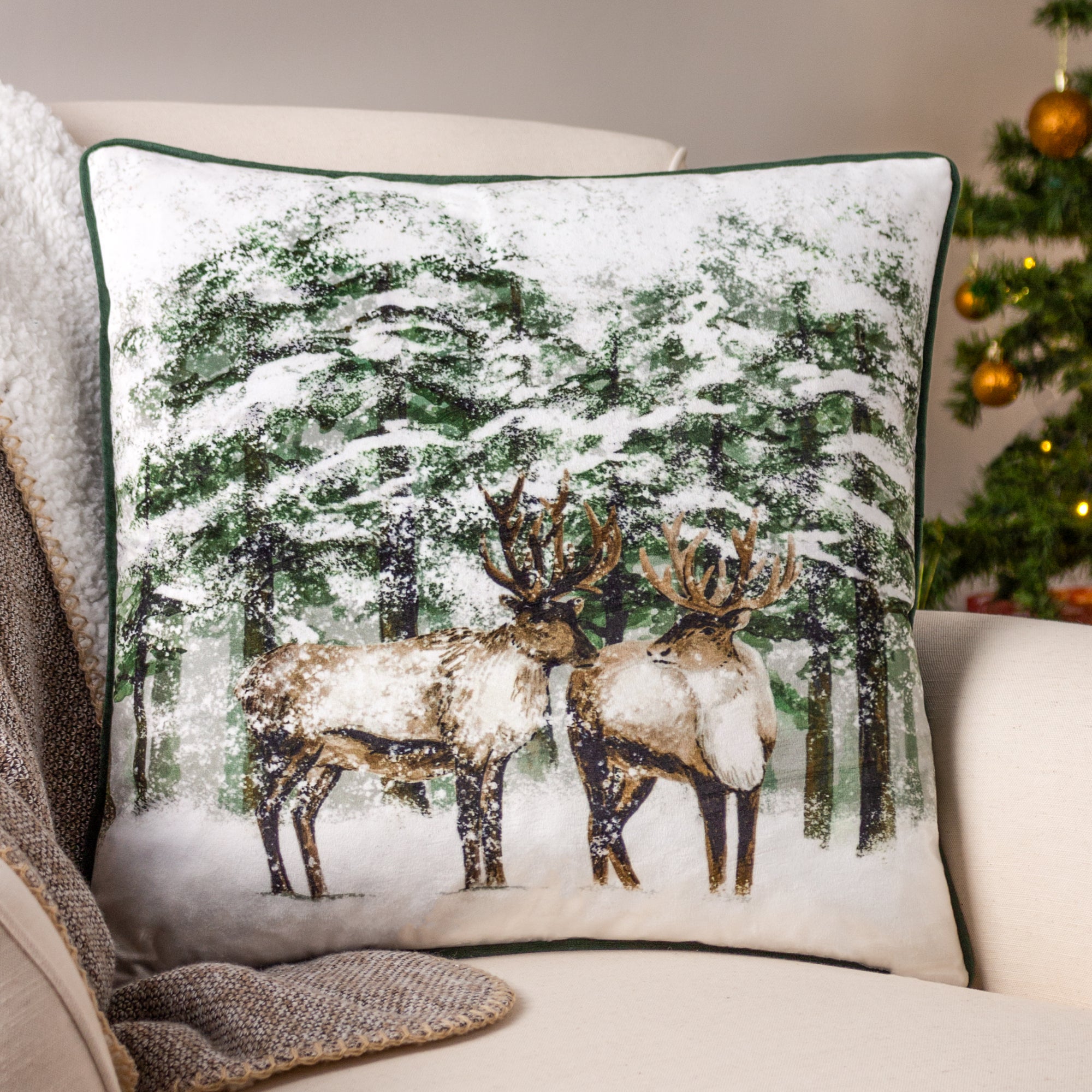 Furn Classic Reindeer Square Cushion Green