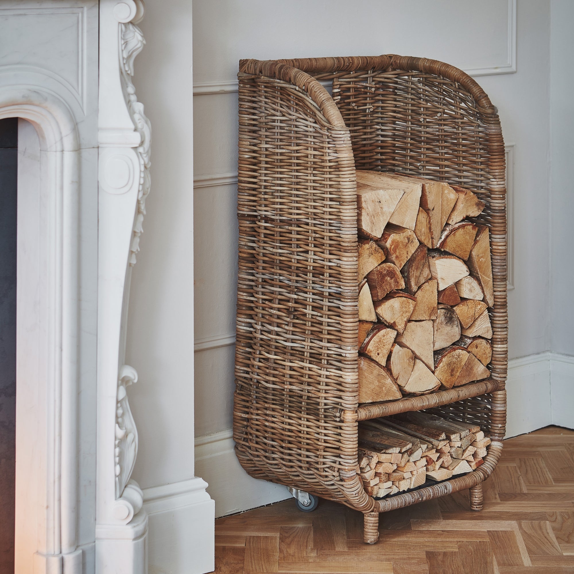 Natural Rattan Log Trolley with Kindling Shelf