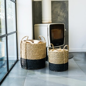 Set of 2 Black Seagrass Log & Kindling Basket