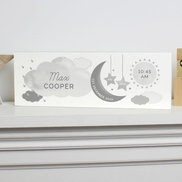 Personalised New Baby Moon and Stars Wooden Block Sign Ornament image 1 of 4