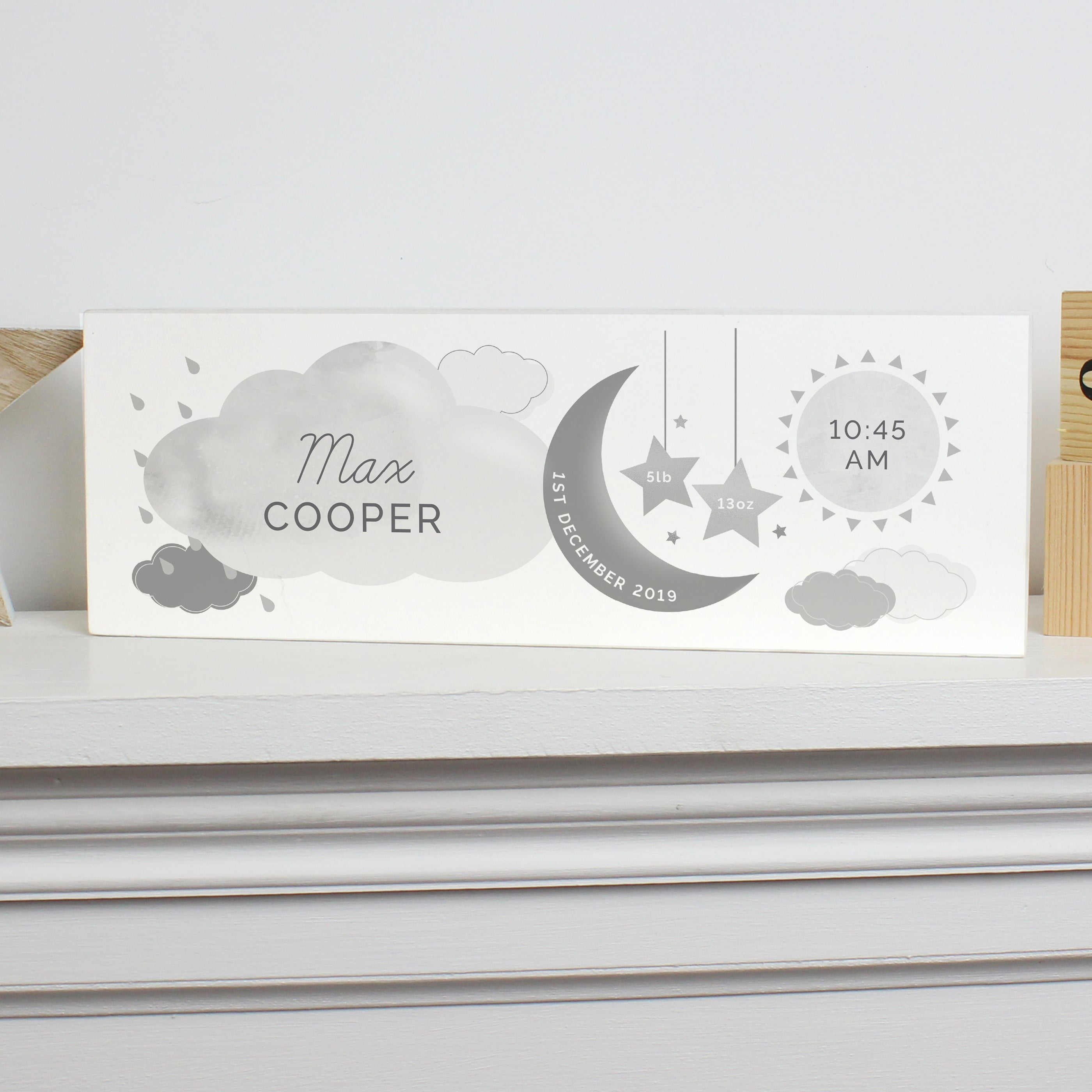 Personalised New Baby Moon and Stars Wooden Block Sign Ornament
