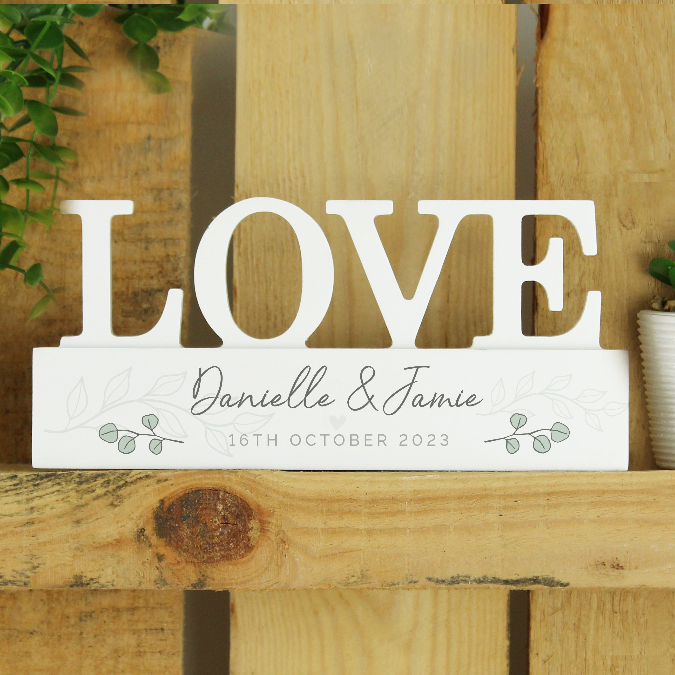 Personalised Botanical Wooden Love Ornament White