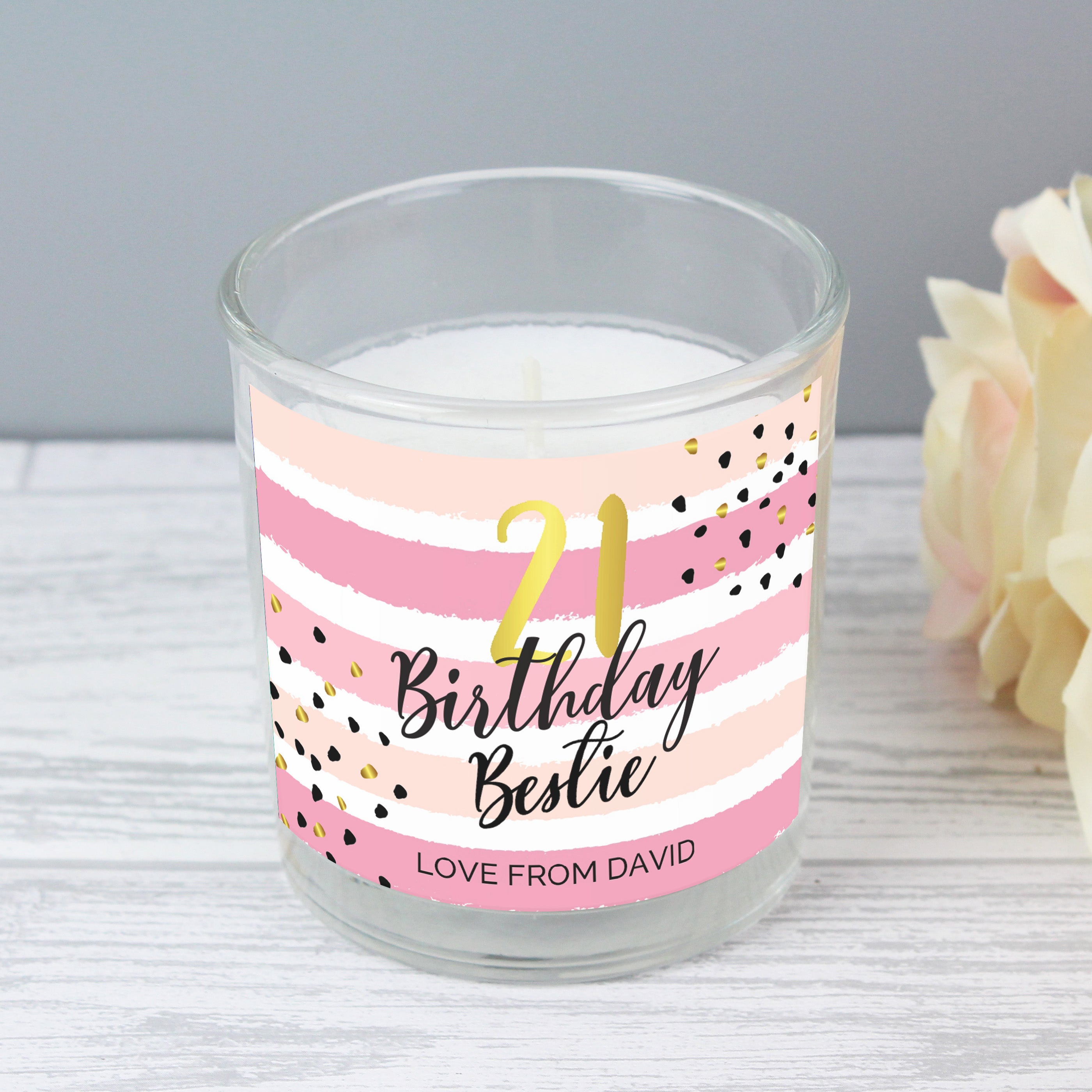 Personalised Birthday Gold and Pink Stripe Jar Candle