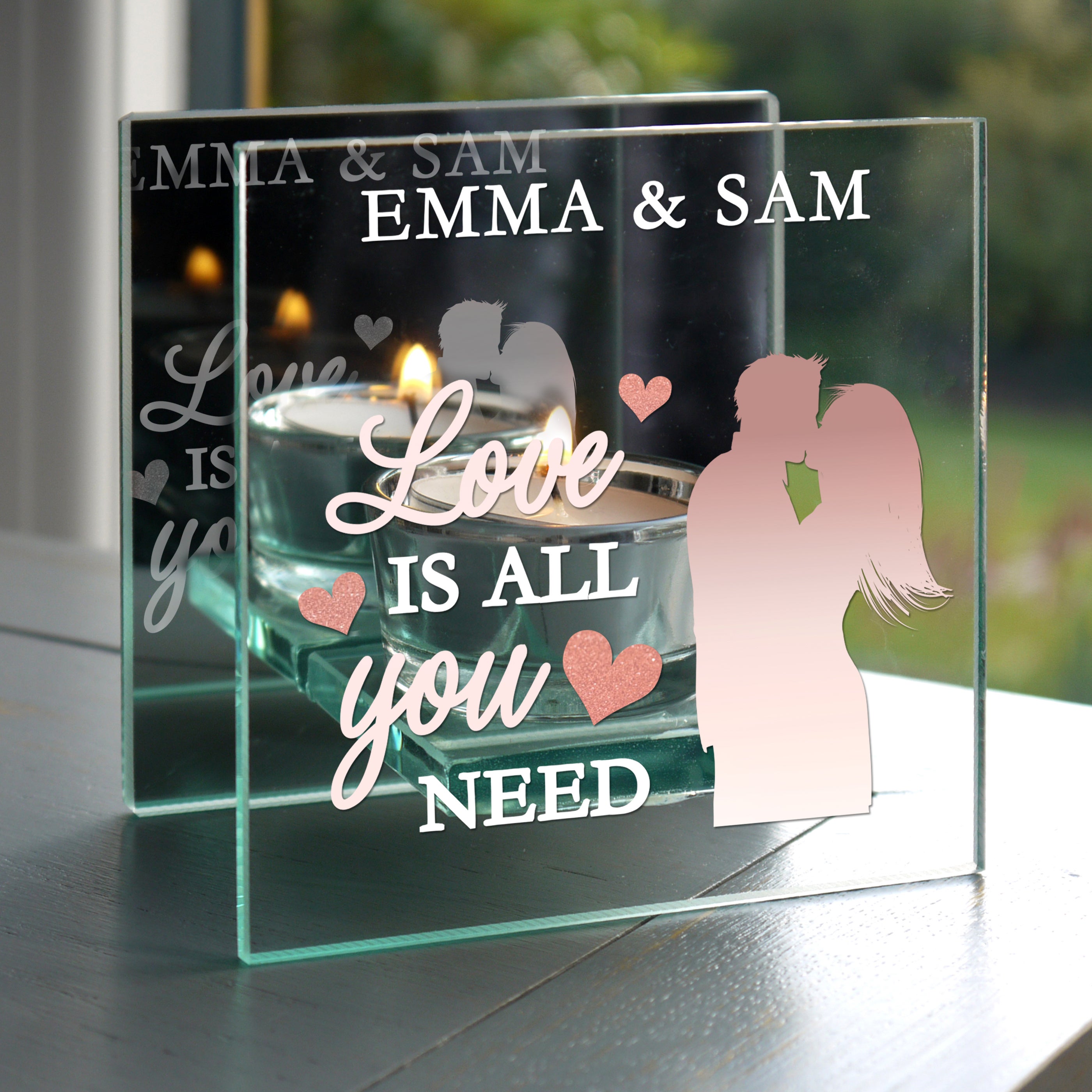 Personalised Love Is All You Need Mirrored Glass Tealight Holder Clear
