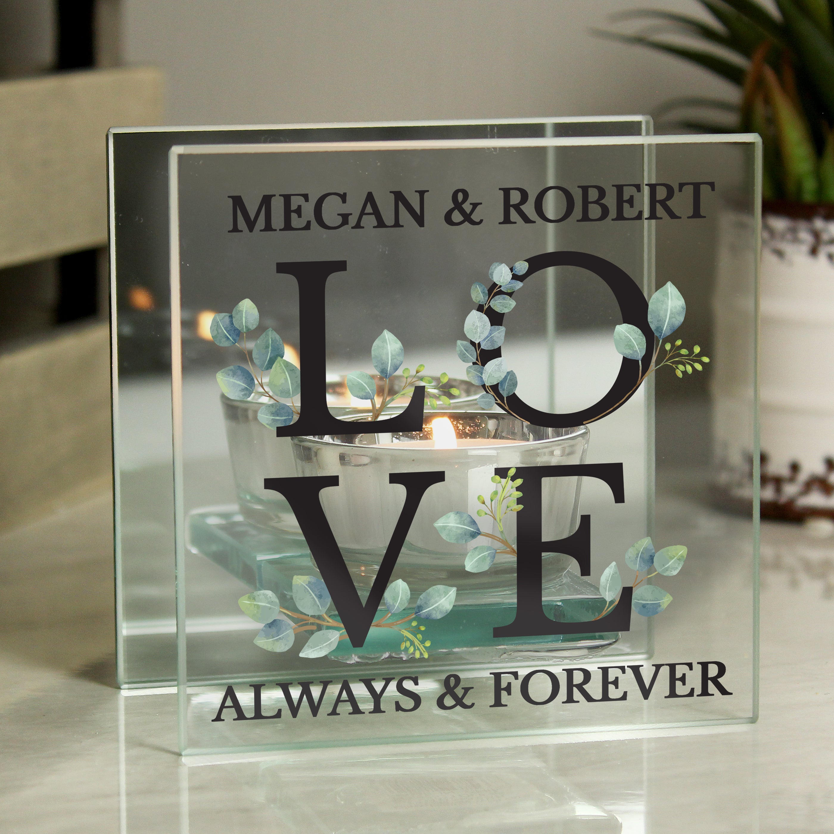 Personalised Botanical Mirrored Glass Tealight Holder Clear