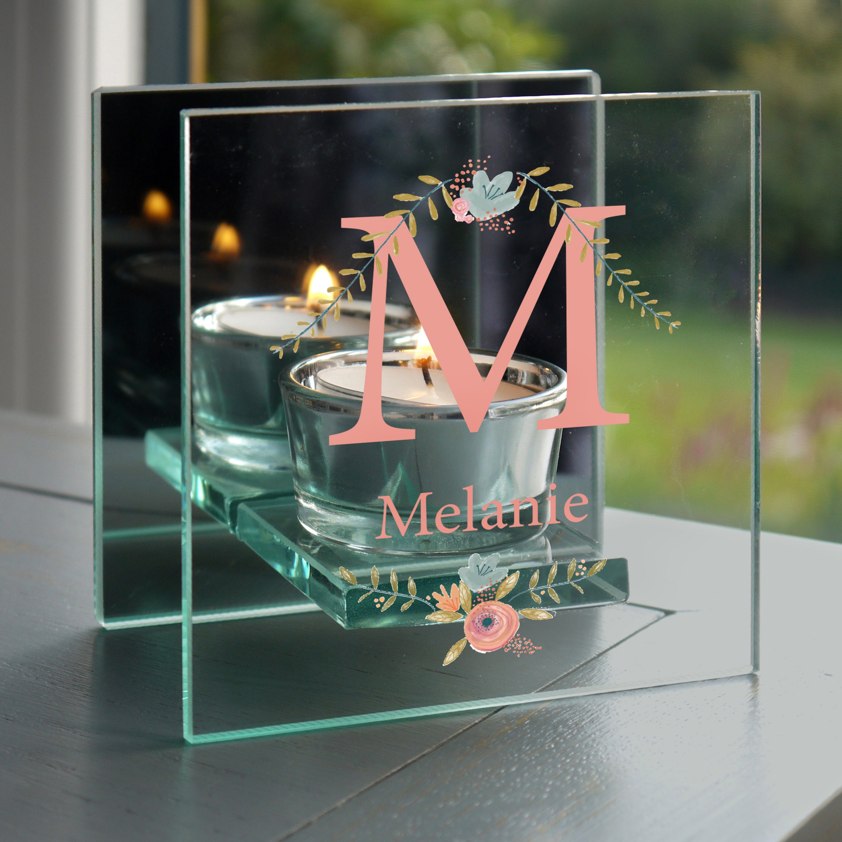 Personalised Floral Bouquet Mirrored Glass Tealight Holder Clear