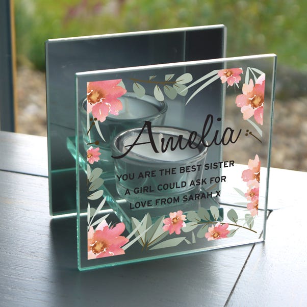 Personalised Floral Sentimental Mirrored Glass Tealight Holder image 1 of 4
