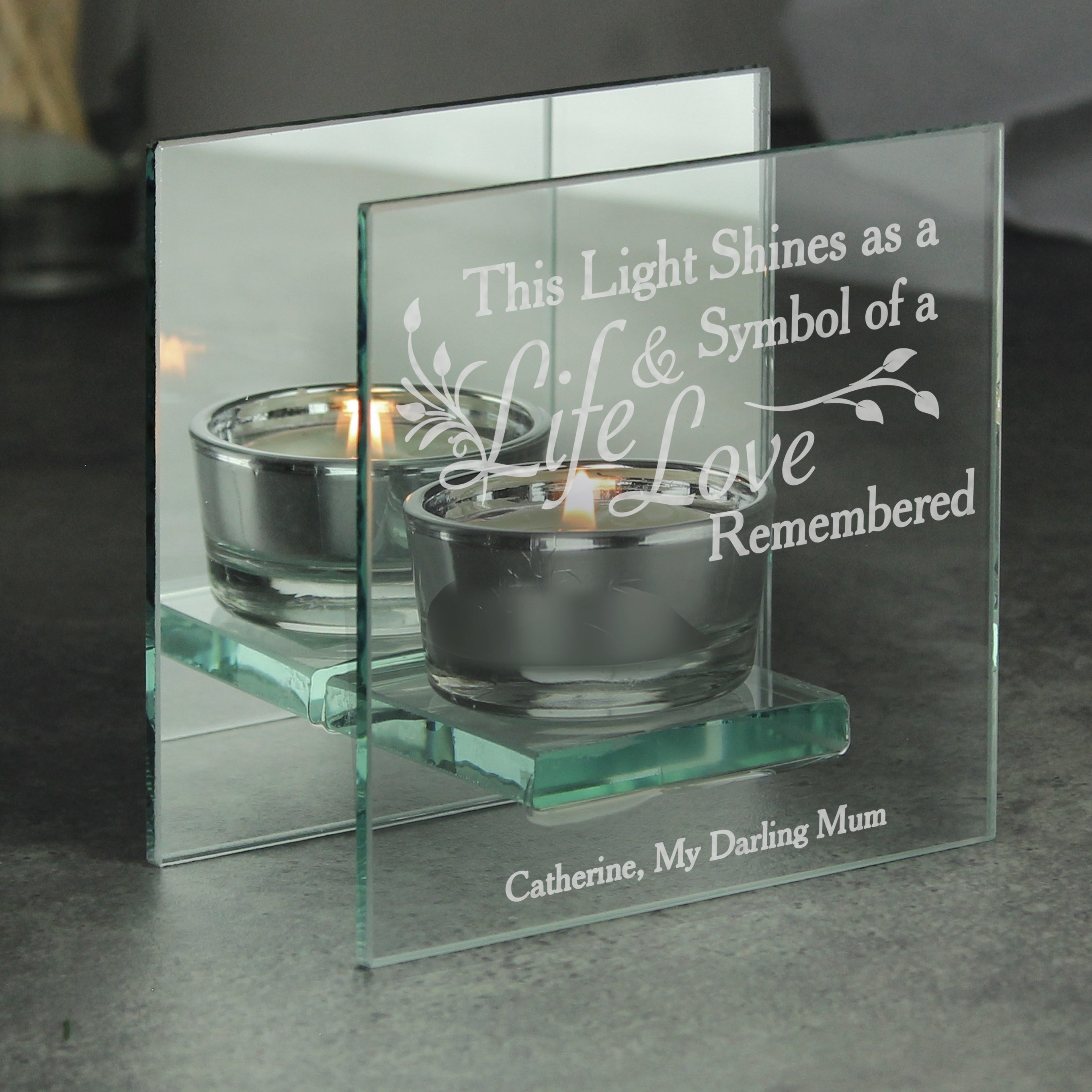 Personalised Life And Love Mirrored Glass Tealight Holder Clear