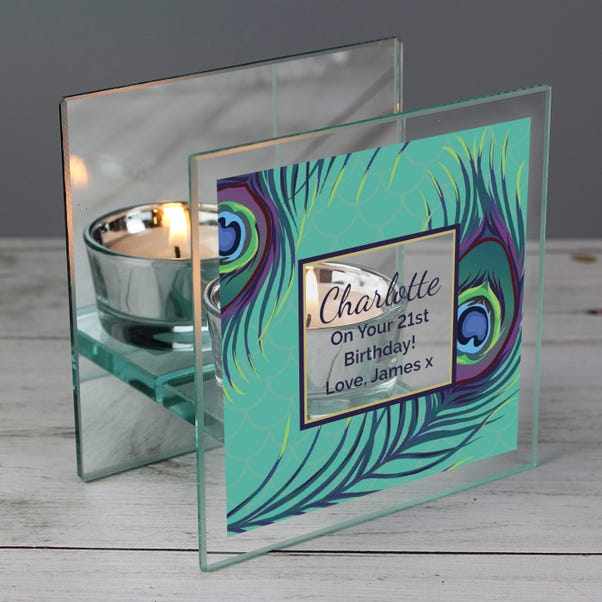 Personalised Peacock Mirrored Glass Tealight Holder image 1 of 2