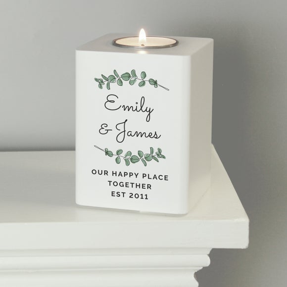 Click to view product details and reviews for Personalised Botanical White Wooden Tealight Holder.