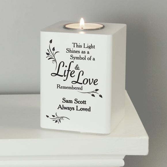 Click to view product details and reviews for Personalised Life And Love White Wooden Tealight Holder.