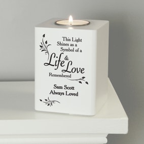 Personalised Life and Love White Wooden Tealight Holder