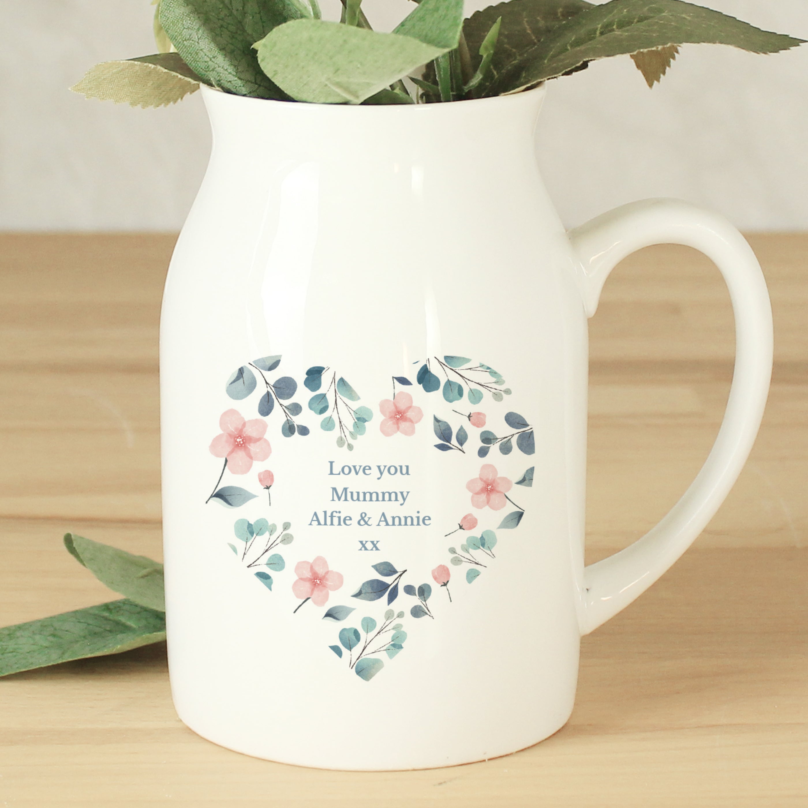 Personalised Floral Heart Flower Jug Vase White