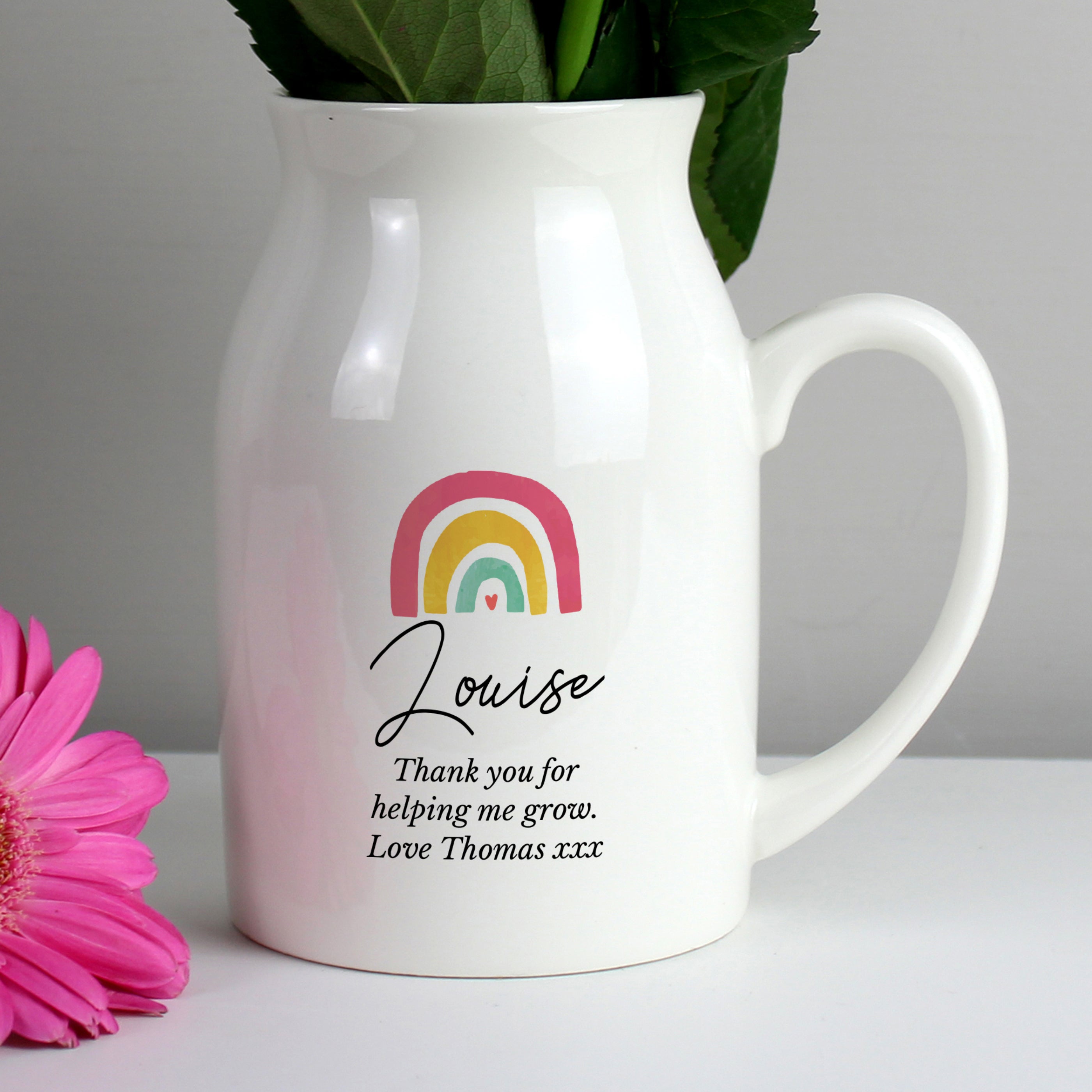 Personalised Rainbow Flower Jug Vase White