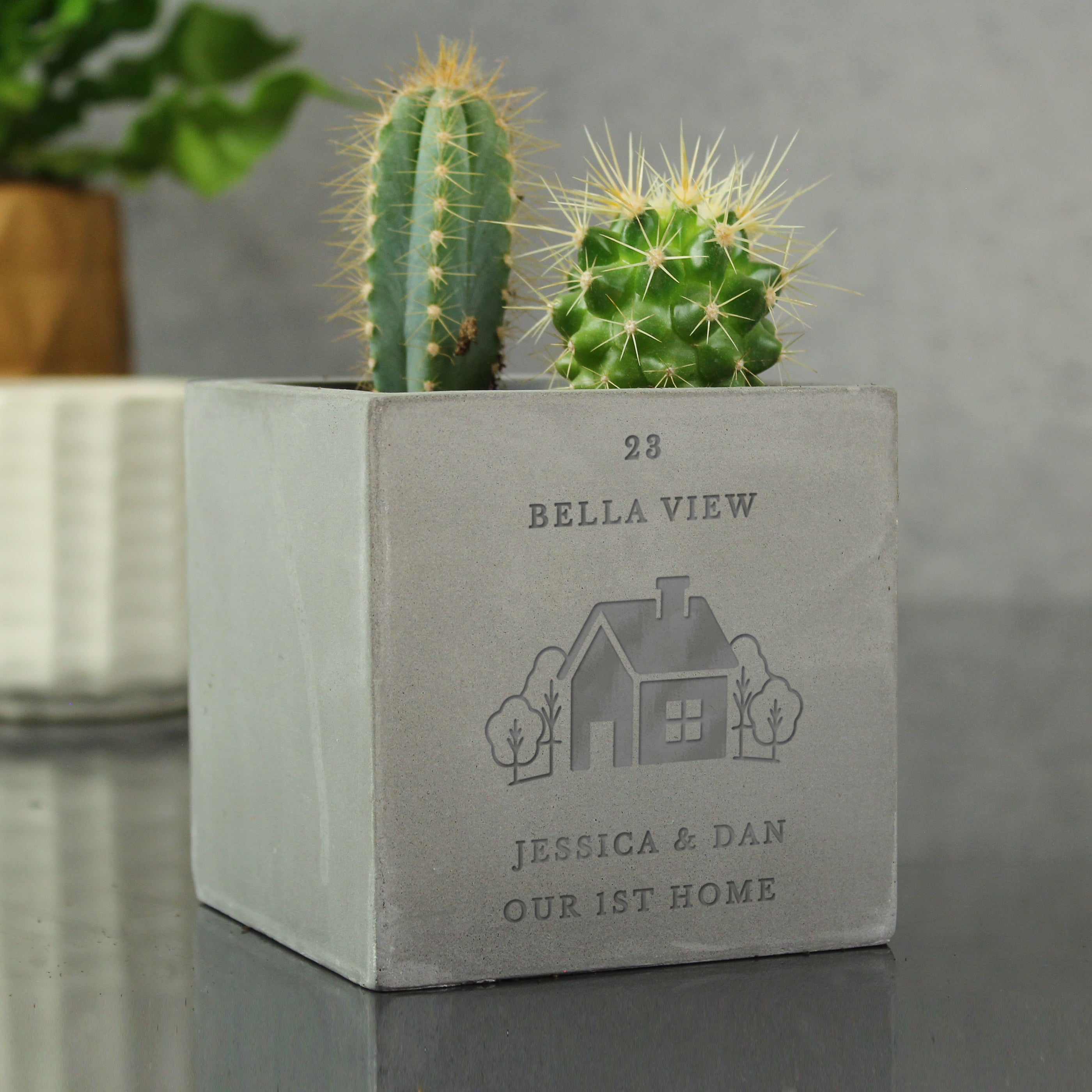 Personalised New Home Concrete Plant Pot Grey