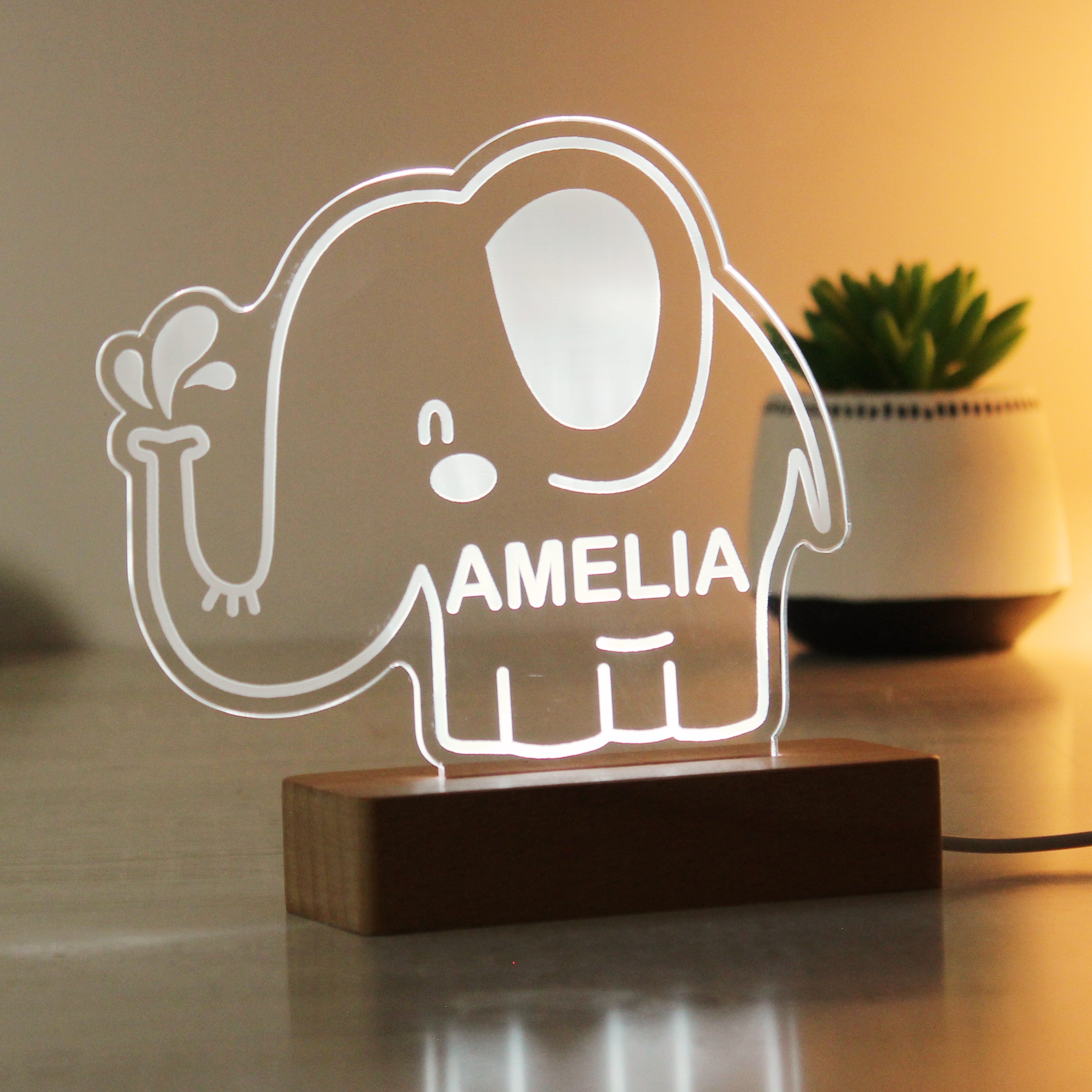 Personalised Elephant Wooden Based Led Light Natural