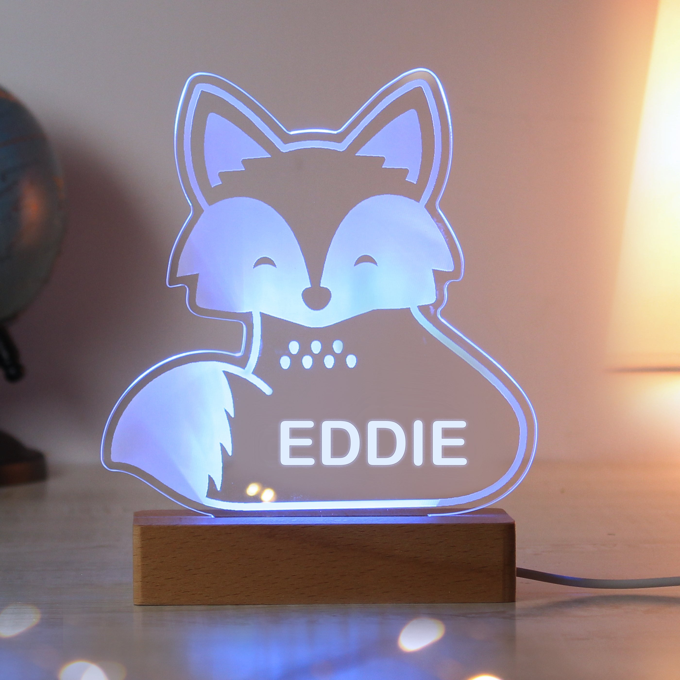 Personalised Fox Wooden Based Led Light Natural