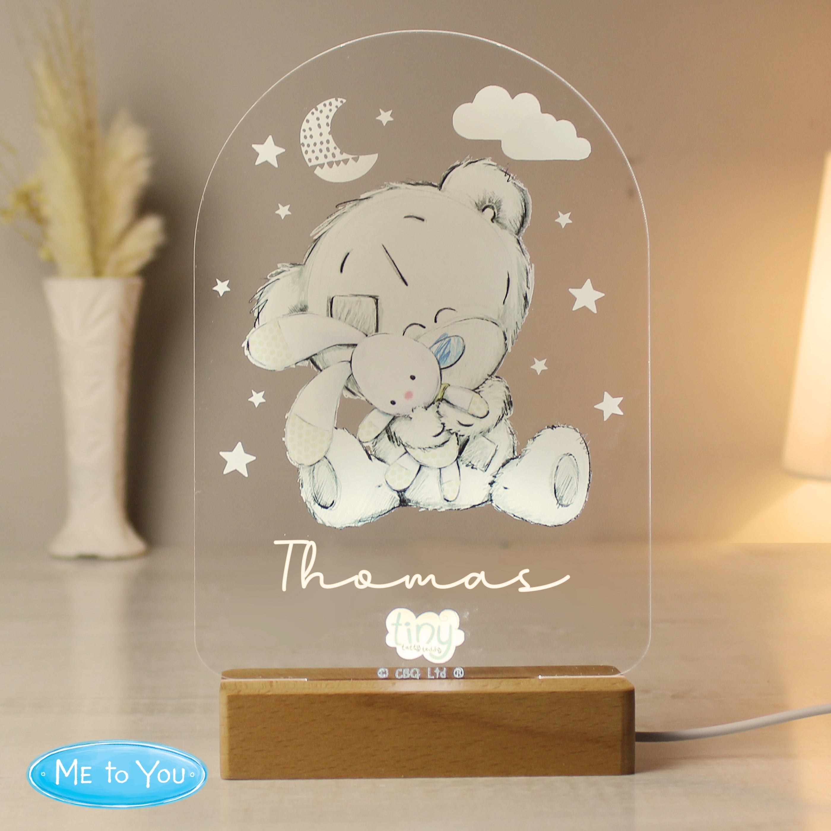 Personalised Tiny Tatty Teddy Wooden Based Led Light Natural