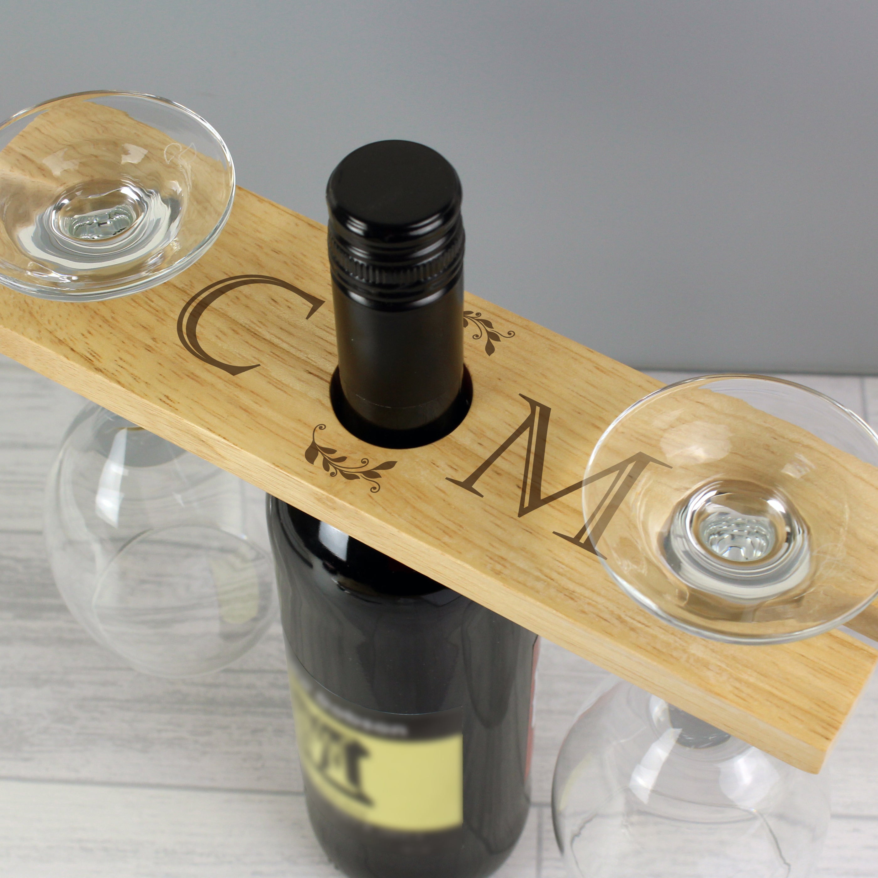 Personalised Initials Wooden Wine Glass And Bottle Holder Natural