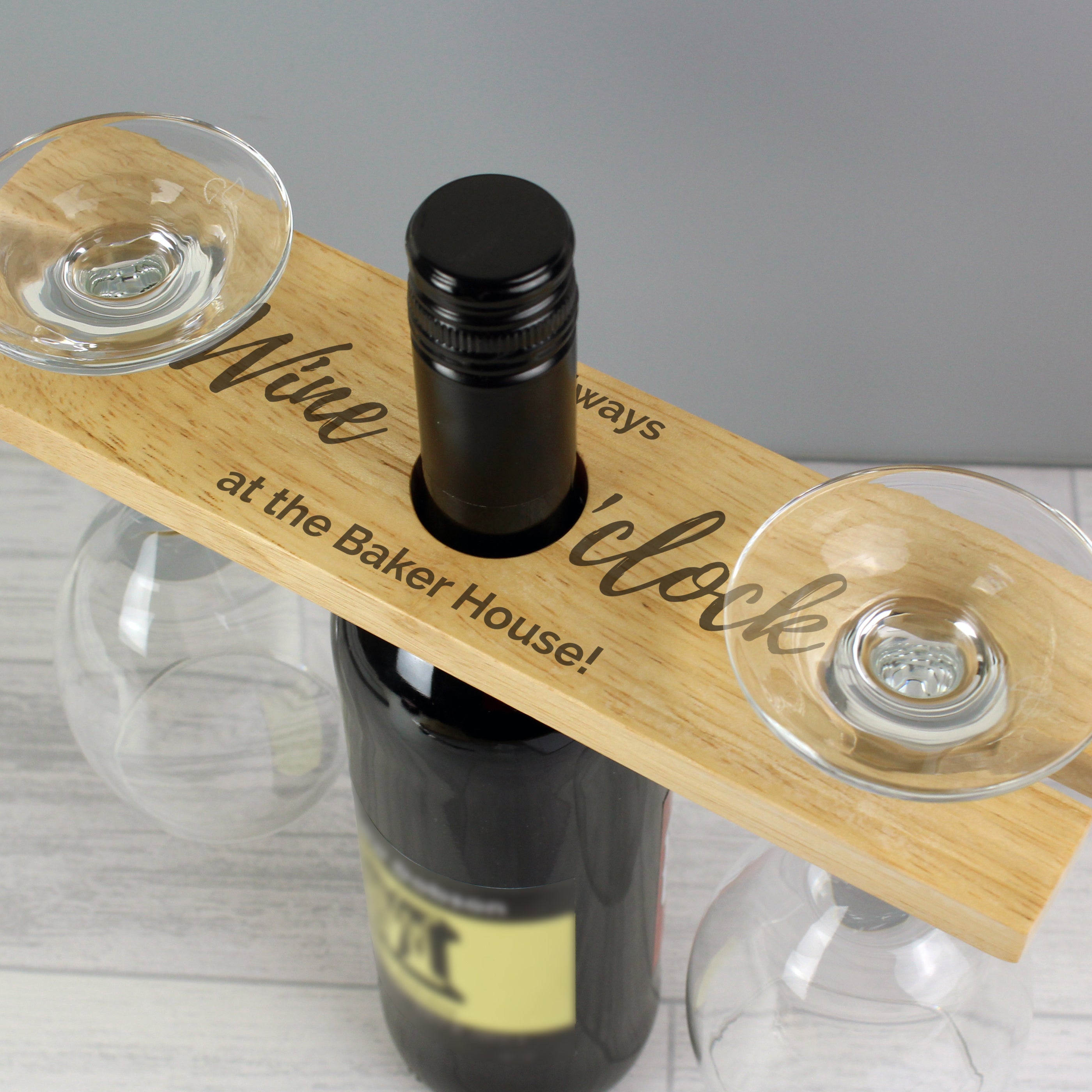 Personalised Wine Oclock Wooden Wine Glass And Bottle Holder Natural