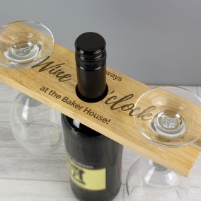 Personalised Wine Oclock Wooden Wine Glass and Bottle Holder