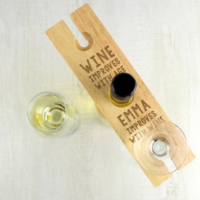 Personalised Improves With Wine Wooden Wine Glass and Bottle Holder