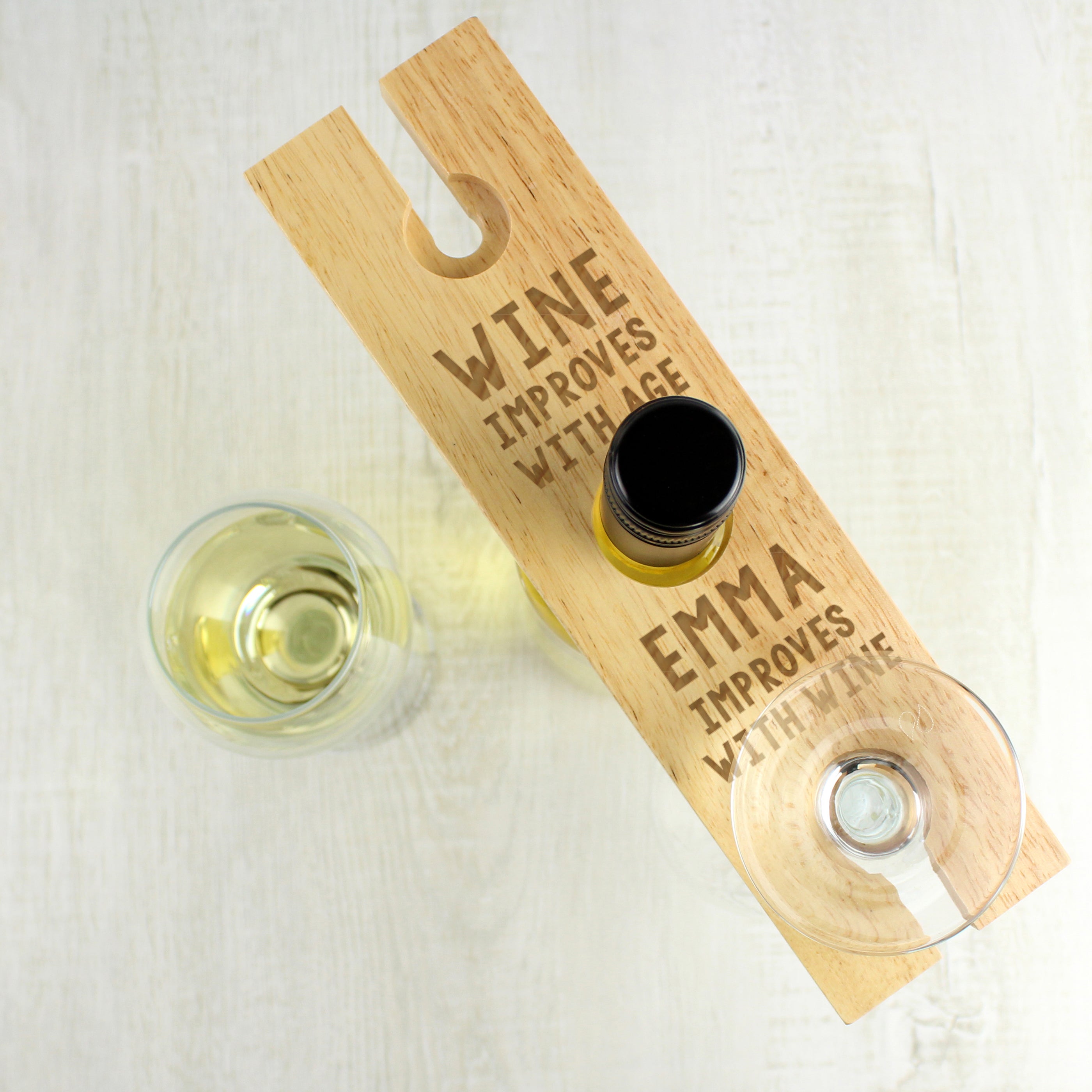Personalised Improves With Wine Wooden Wine Glass And Bottle Holder Natural