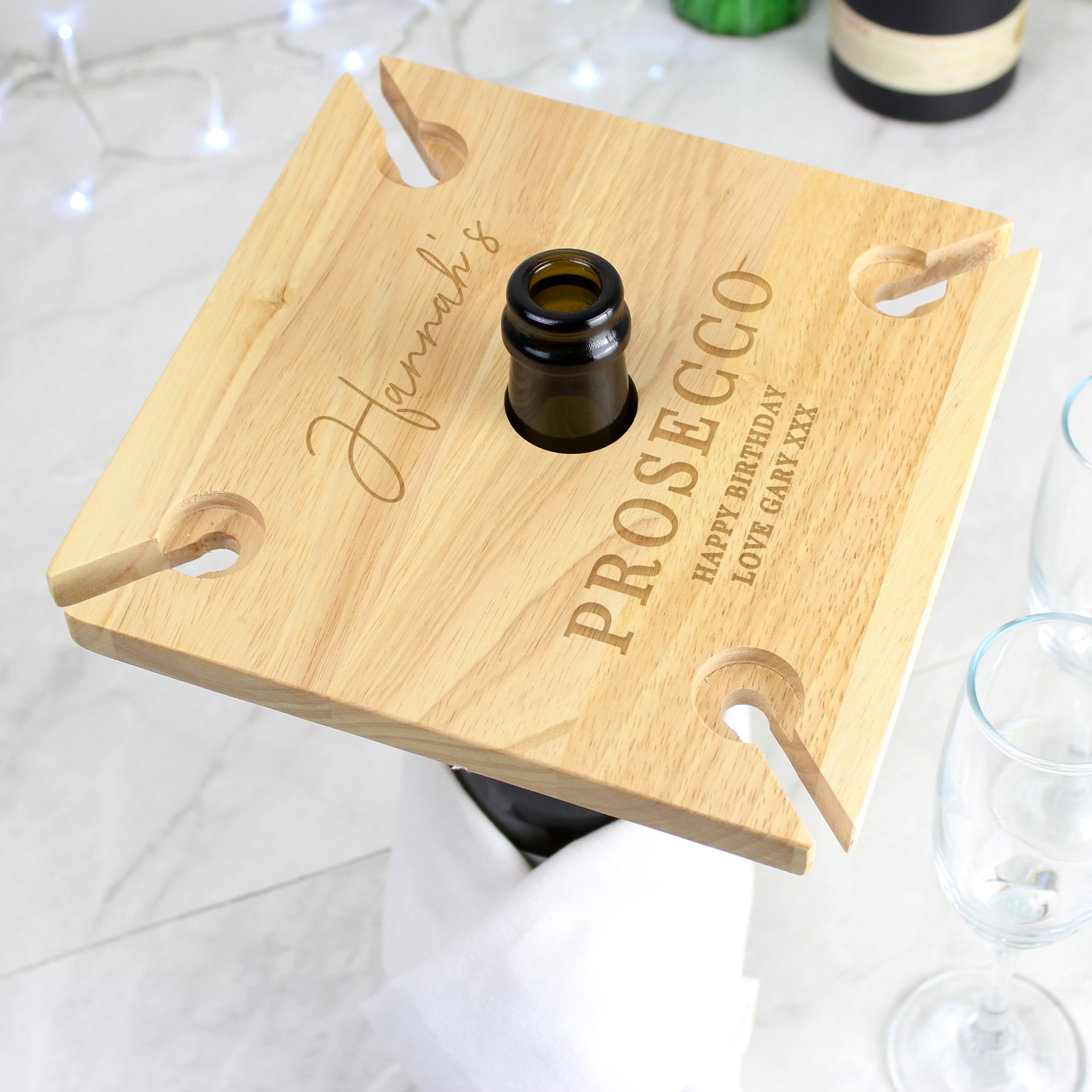 Personalised Wooden Four Wine Glasses And Bottle Holder Natural