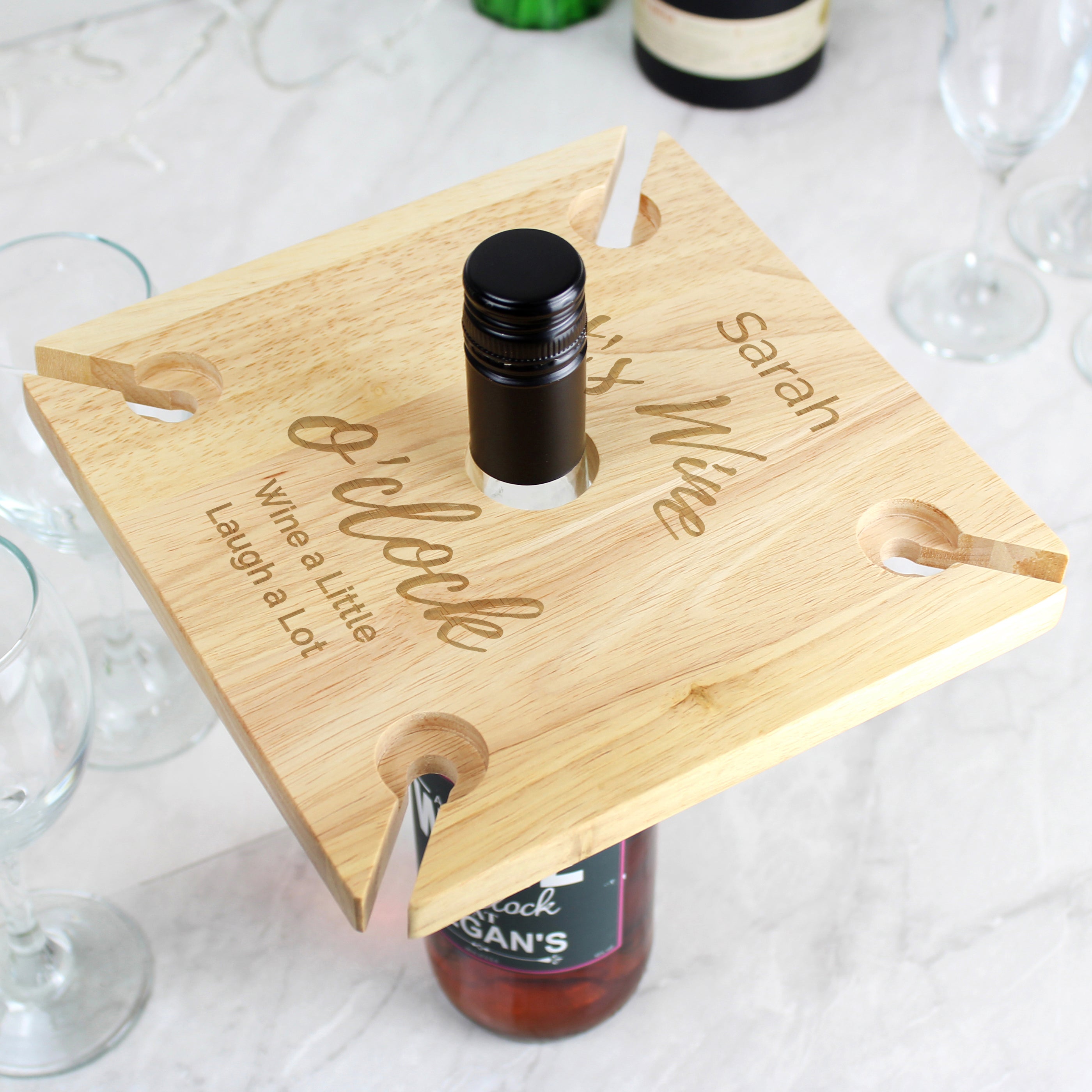 Personalised Wine Oclock Wooden Four Wine Glasses And Bottle Holder Natural